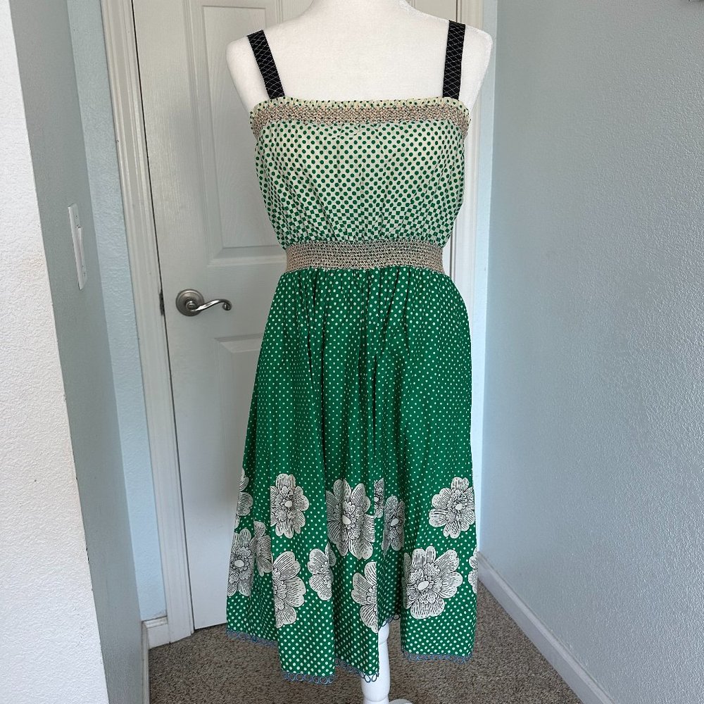 Anthropologie Maeve Spring Summer Dress 6 Ribbon Strap Green PolkaDot Floral EUC